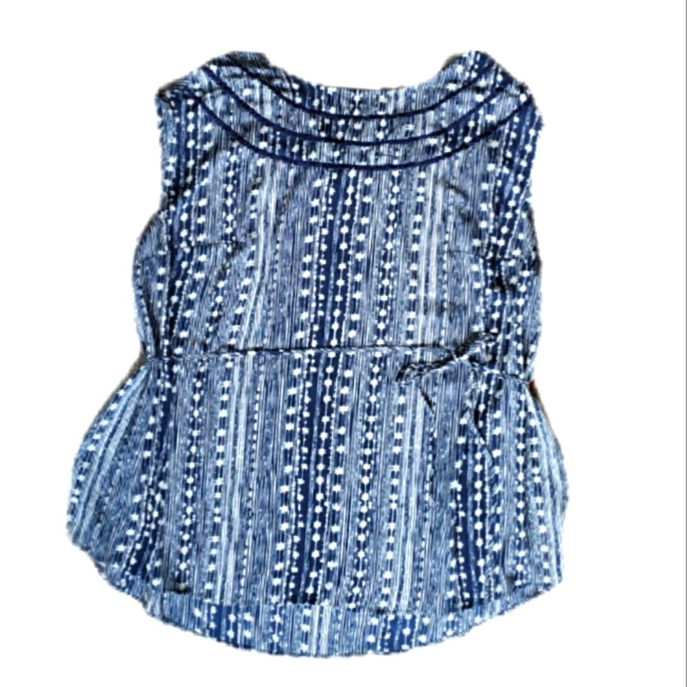 Blue and Ivory Sleeveless Blouse with Ruffle detail and Tie belt